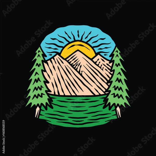 Fototapeta Mountain Colorful Hand Drawing Emblem Vintage Design Outdoor Vector