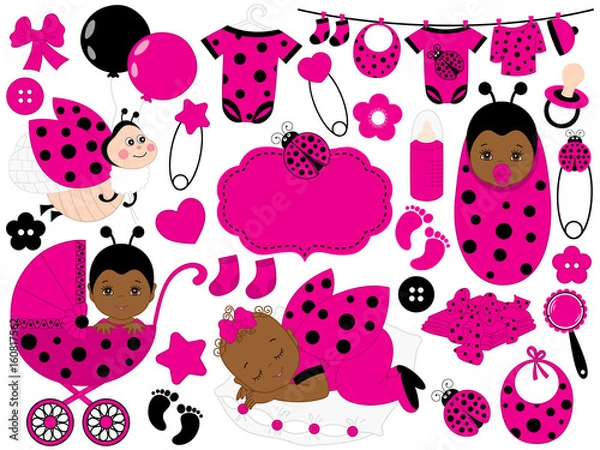 Fototapeta Vector Baby Girl Set with Ladybug Pattern. Vector African American Baby Girl. Vector Ladybug. 