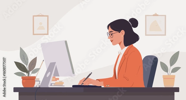 Fototapeta Stylish young woman working on graphic tablet at her desk. Perfect for website banners, blog posts, or social media.