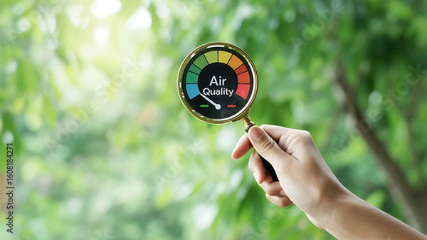 Fototapeta Discovering environmental health with a magnifying glass inspecting an air quality meter against lush green foliage and sunlit bokeh