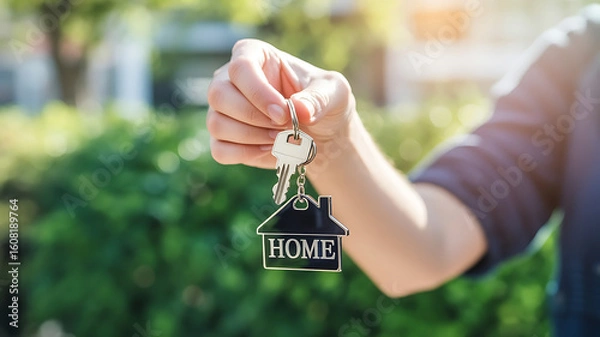 Fototapeta Excitedly holding house keys with a charming home keychain, celebrating new beginnings and the dream of homeownership under a sunny sky.