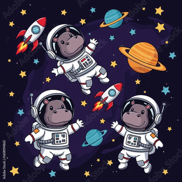 Fototapeta Three adorable hippos in spacesuits floating in space, perfect for children's books, websites, or apparel.