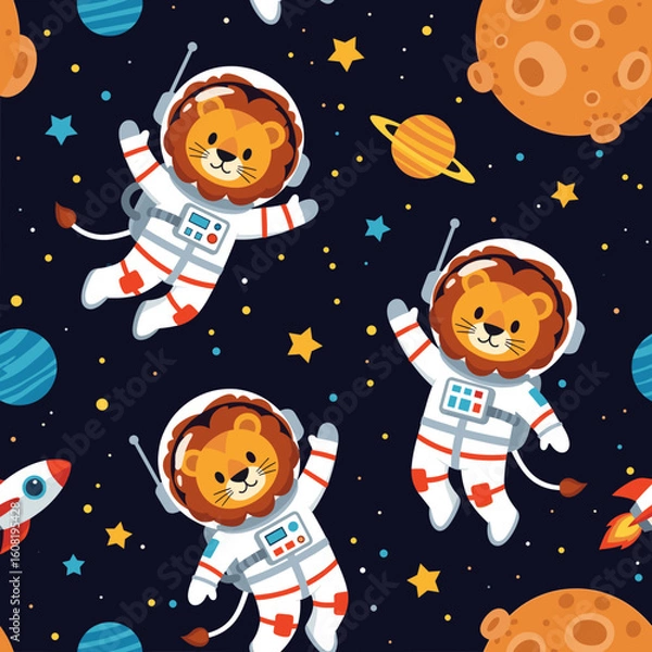 Fototapeta Cute lion astronauts in space: seamless pattern for kids' textile, wallpaper, or book illustrations.