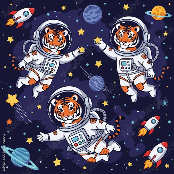 Fototapeta Three cute tigers in spacesuits floating in space, perfect for children's books, apparel, or websites.