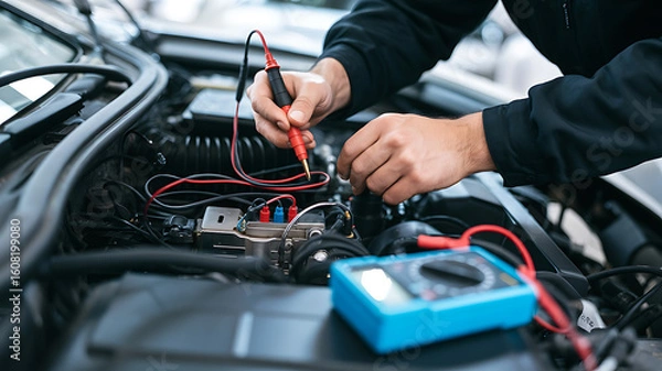 Fototapeta Skilled mechanic meticulously diagnoses car engine issues using a multimeter for precise electrical diagnostics and expert repair services.