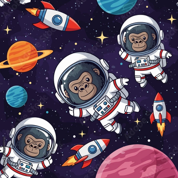 Fototapeta Cute Gorillas in Space: Perfect for kids' books, apparel, or space-themed projects.