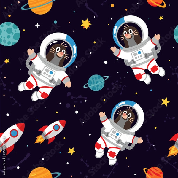 Fototapeta Cute moles in spacesuits floating in space. Perfect for children's books, textiles, or space-themed websites.