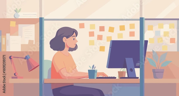 Fototapeta Woman working at computer in modern office, perfect for website landing pages or brochures.