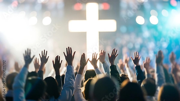 Fototapeta Congregation raising hands in worship towards a glowing cross symbolizing faith, hope, and spiritual connection during a powerful service.