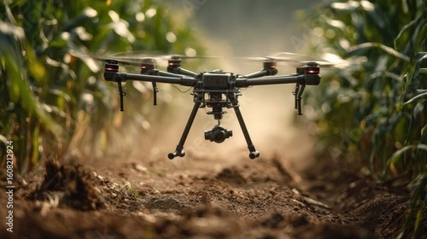 Fototapeta Aerial View of Small Drone Capturing Lush Green Cornfield Under Bright Blue Sky in Vibrant Summer Scene