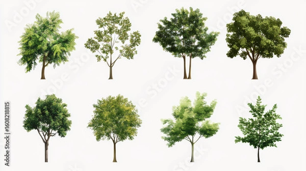 Fototapeta Trees collection set. Green plants with leaves, garden botanical vector realistic 
