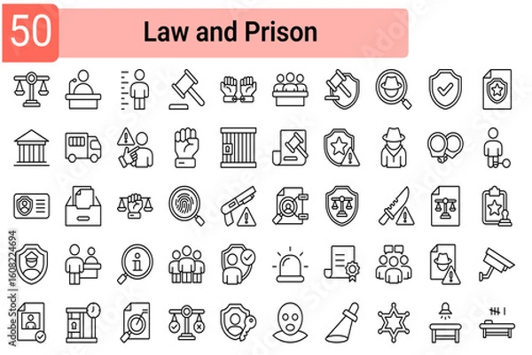 Fototapeta A collection of icons related to lawyers, correctional law enforcement systems, justice, crime, and provides guiding principles in law enforcement.