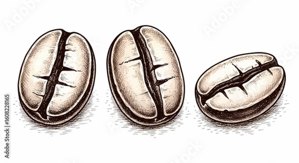 Fototapeta Coffee beans art sketch black vector of three roasted beans in hand drawn vector illustration with realistic shading