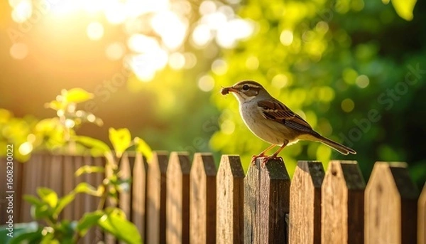 Fototapeta Sparrow perched on a garden fence in sunlight