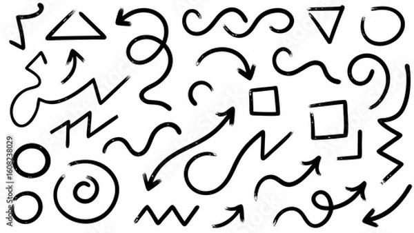 Fototapeta Vector  collection of hand drawn decorative elements including swirls zigzags and dotted lines in black and white