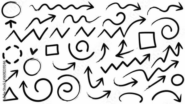 Fototapeta Vector  collection of various hand drawn black arrows circles and shapes on a white background in doodle style