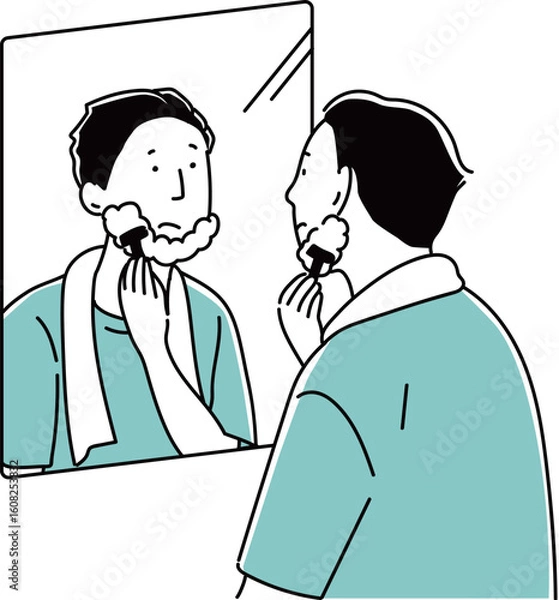 Obraz 鏡の前で髭を剃るお父さん_単色