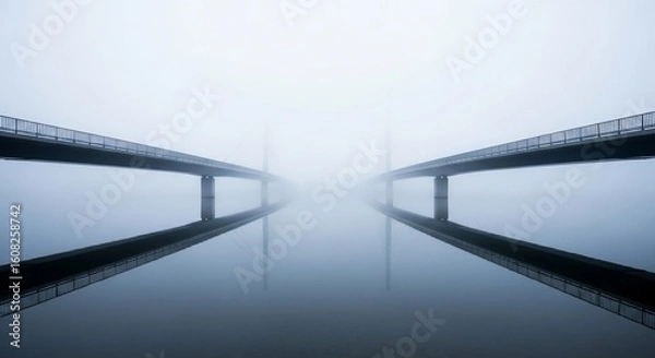 Fototapeta Foggy bridge reflection creates a symmetrical and mesmerizing visual spectacle
