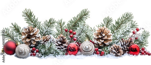 Fototapeta Festive Christmas Decoration Featuring Pine Cones Red Baubles And Snow Covered Fir Branches Against Transparent Background