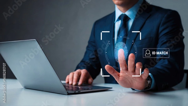 Fototapeta Businessman uses fingerprint scan for secure access and identity verification on laptop, technology security