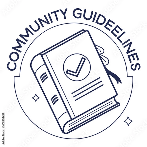 Fototapeta Community Guidelines Book Icon with Checkmark Symbolizing Rules, Policies, and Compliance. Simple Line Art Vector for Regulations, Terms of Service...