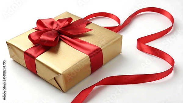 Obraz A wrapped gift box.A beautifully wrapped gold gift box adorned with a vibrant red satin ribbon and bow, on a clean white background.