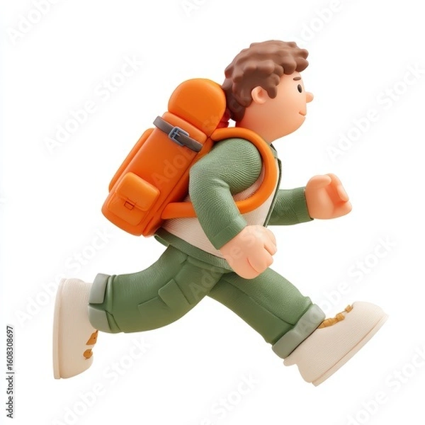 Obraz Cartoon Character Running with Backpack Isolated on White Background Side View