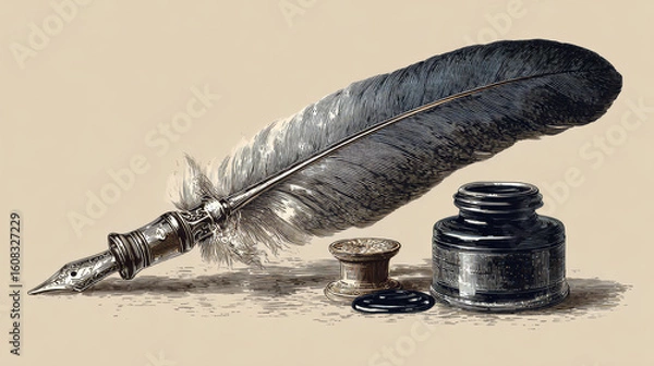 Fototapeta Vintage old quill pen with inkwell vector design. Feather pen drawing and ink graphic design -
