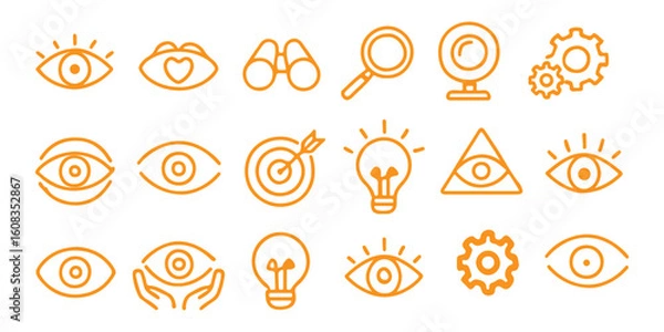 Fototapeta Eye vision icon vector set. Containing telescope, magnifier, search, eyesight, webcam, cctv camera, binocular, no, light bulb, core value, accuracy target, visible, invisible, blind, find setting