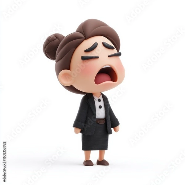 Obraz Cartoon Businesswoman with Open Mouth Expressing Stress and Overwhelm on White Background
