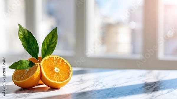 Fototapeta A lemon with green leaves, a halved orange beside it, on a white marble countertop illuminated by natural light, creating freshness and vitality.