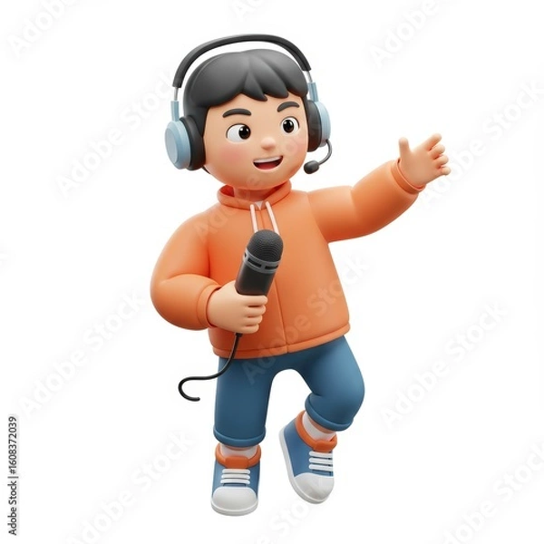 Obraz Cheerful Cartoon Character Singing with Microphone and Headset on White Background