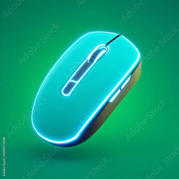 Obraz 3D computer mouse with neon blue lights floating