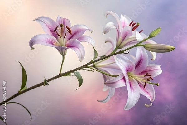 Fototapeta An lily branch with several purple and white petals. Graduated background. close-up flower photography. design illustration