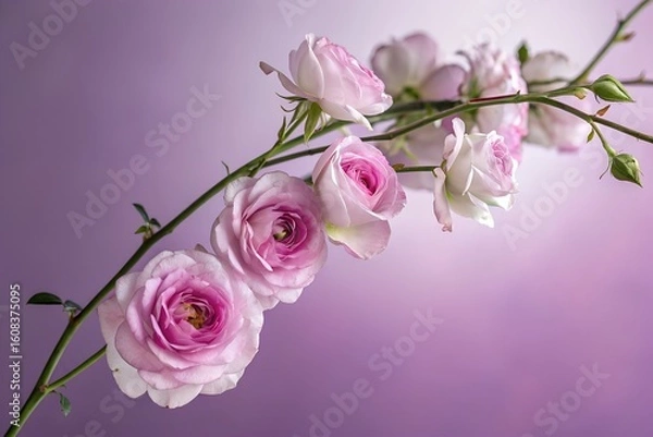 Fototapeta An rose branch with several purple and white petals. Graduated background. close-up flower photography. design illustration