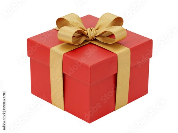Fototapeta A vibrant red gift box with a golden ribbon and bow presented isolated on a transparent background isolated on transparent background