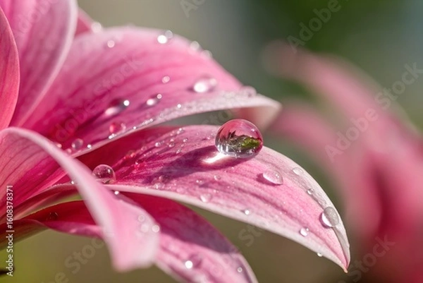 Fototapeta Super close up of bright pink flower petals with shimmering water droplets on a blurred background. design illustration