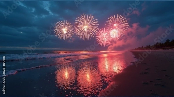 Obraz Colorful Fireworks Display Over Beach at Night with Reflection and Cloudy Sky