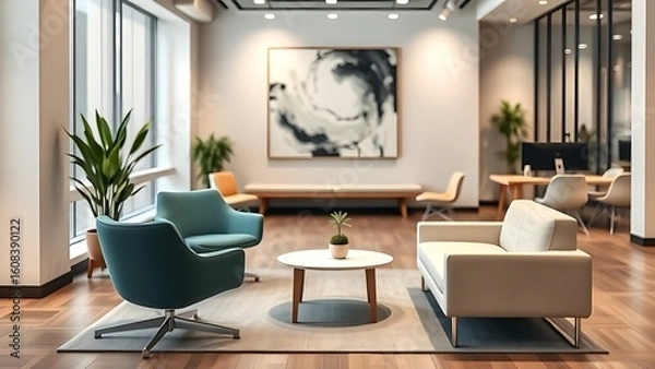 Fototapeta Minimalist coworking space with abstract art and clean modern design, bathed in soft ambient light.