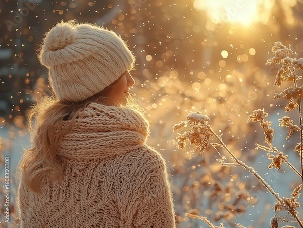 Fototapeta Cozy woman in winter knitwear enjoying a serene snow sunset, surrounded by froted grasses, evoking warmt and tranquility in a wintr landscape.