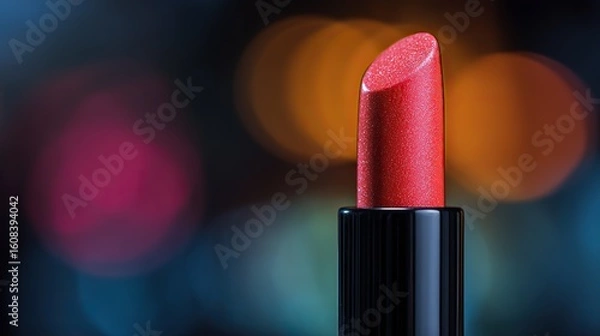 Fototapeta A close-up of an elegant vibrant red lipstick with sleek black case, detailed texture, set against a blurred backdrop with vivid colors and soft lighting for luxurious, captivating product advertising