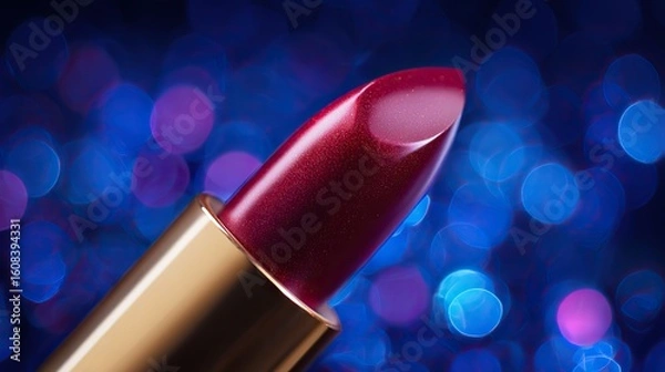 Fototapeta A close-up of an elegant vibrant red lipstick with sleek black case, detailed texture, set against a blurred backdrop with vivid colors and soft lighting for luxurious, captivating product advertising