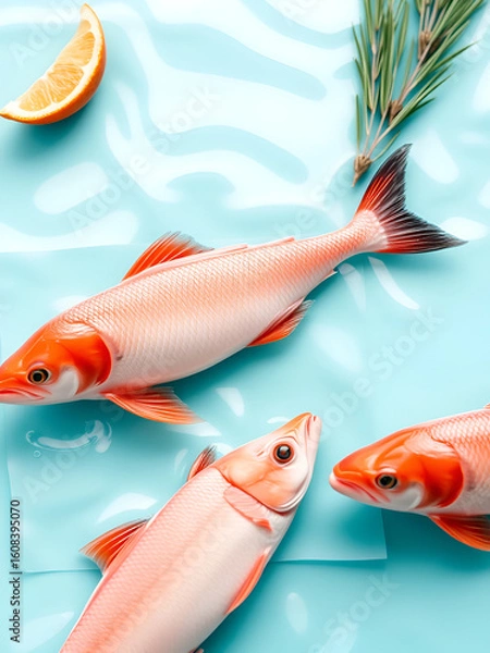 Fototapeta salmon on turquoise surface