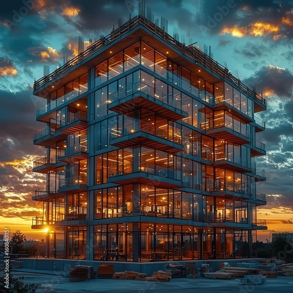 Fototapeta Modern glass building under construction at sunset, howcasing vibrant colors ad architectural design, idal for real estate and contruction industry marketin.