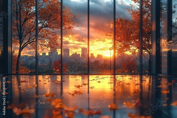 Fototapeta Stunning sunset view through glass walls, showcasingvibrant autumn foliage anda reflective floor, perfec for modern living spaces r serene retreats.