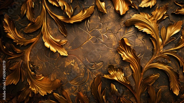 Fototapeta Stunning gold foil emboss texture featuring intricate floral ornamental designs, creating luxurious and elegant appearance. rich details evoke sense of opulence and artistry