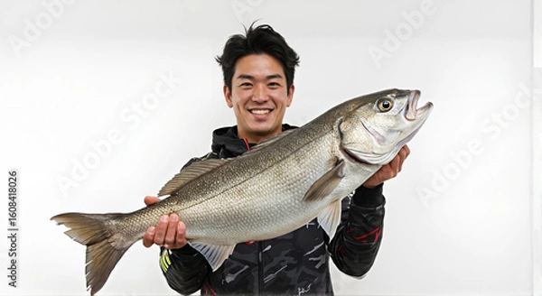 Obraz 大物を釣り上げた笑顔の日本人男性、白背景で釣果を見せるプロポートレート、成功したフィッシングの記録 -生成AI