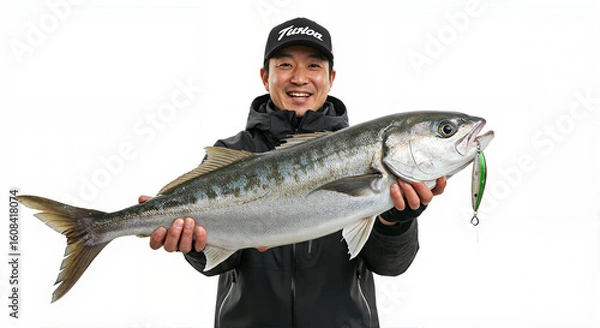 Obraz 大物を釣り上げた笑顔の日本人男性、白背景で釣果を見せるプロポートレート、成功したフィッシングの記録 -生成AI