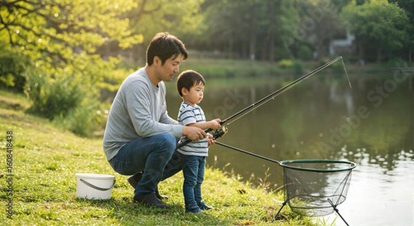 Obraz 湖畔で釣りを楽しむ親子の姿、父親が子供に釣りを教える家族の絆とアウトドア体験のひととき -生成AI