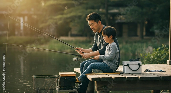 Obraz 湖畔で釣りを楽しむ親子の姿、父親が子供に釣りを教える家族の絆とアウトドア体験のひととき -生成AI